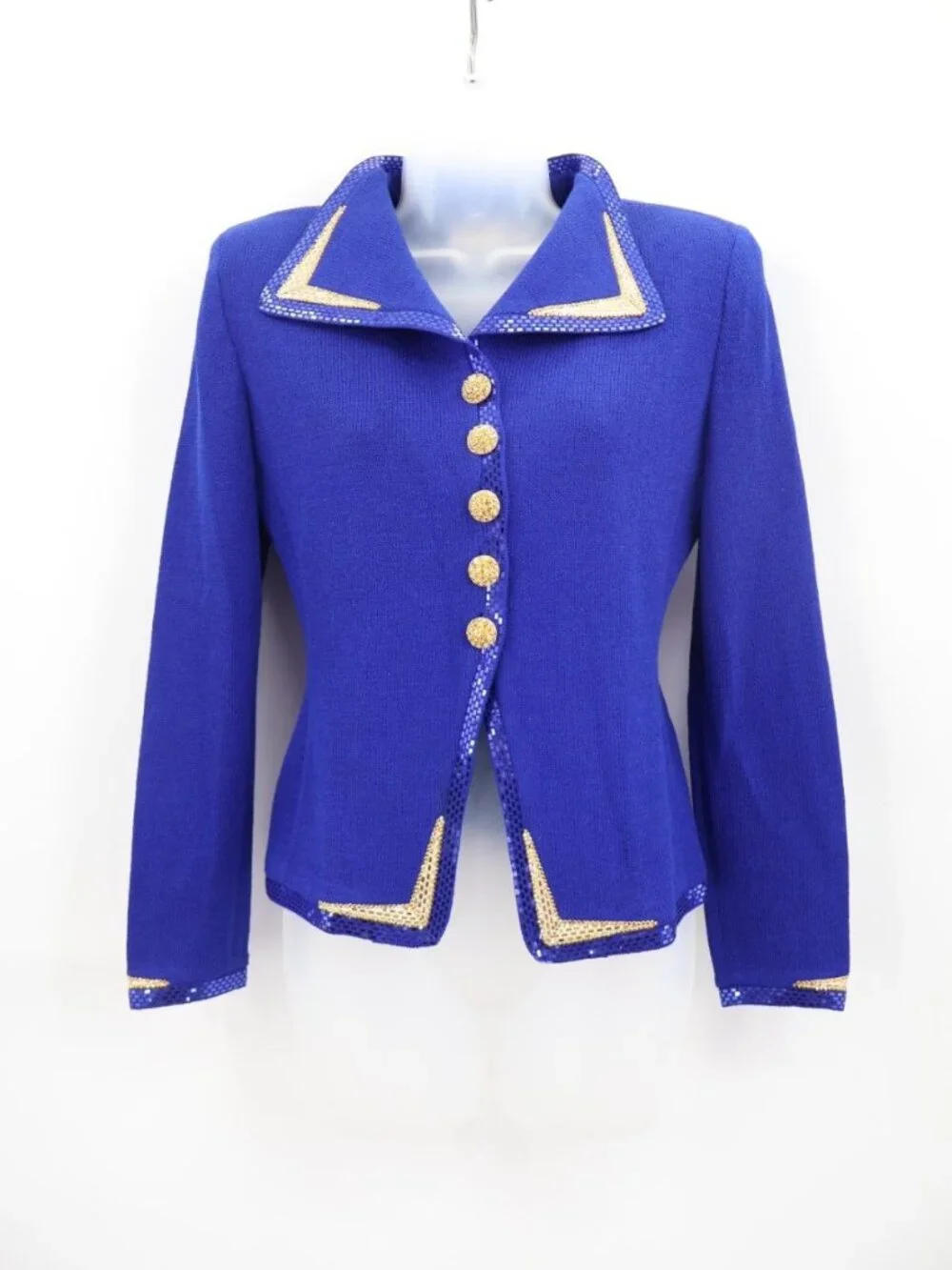St. John Evening Blazer Size 2 Royal Blue Santana Knit Gold Sequin Trim Button - Picture 2 of 15